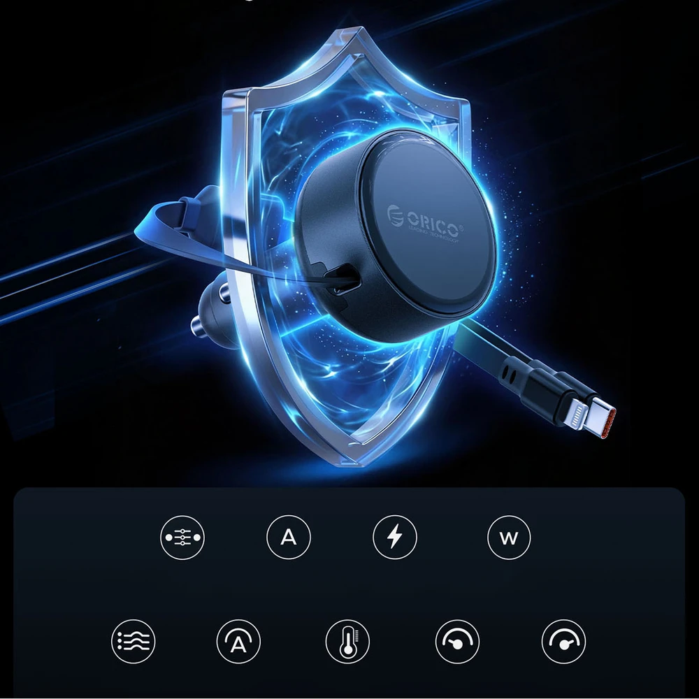 „Orico“ dvigubo tempimo 60 W USB-C automobilinis įkroviklis su dviem ištraukiamais USB-C + „Lightning“ laidais - Juodas