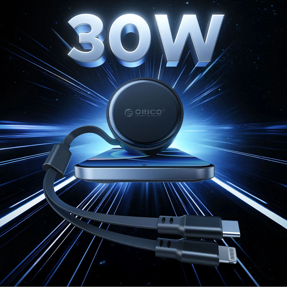 „Orico“ dvigubo tempimo 60 W USB-C automobilinis įkroviklis su dviem ištraukiamais USB-C + „Lightning“ laidais - Juodas