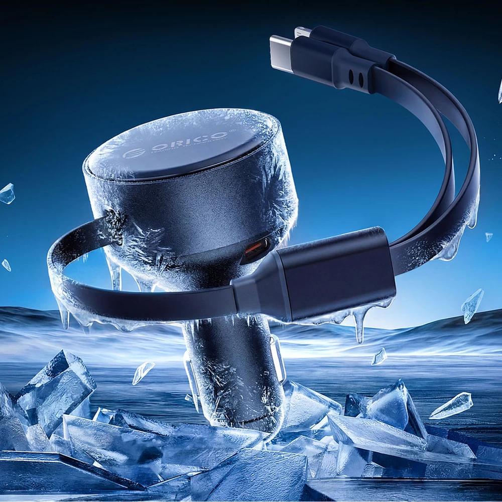 „Orico“ dvigubo tempimo 60 W USB-C automobilinis įkroviklis su dviem ištraukiamais USB-C + „Lightning“ laidais - Juodas