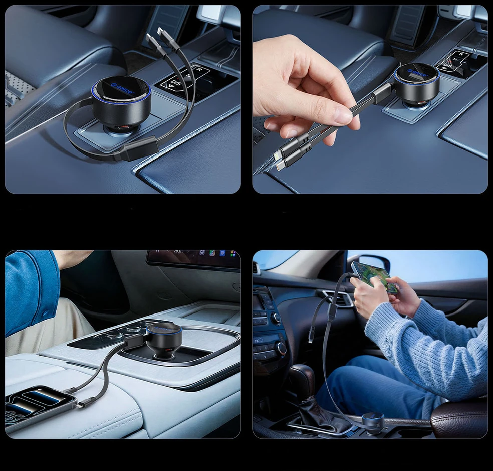 „Orico“ dvigubo tempimo 60 W USB-C automobilinis įkroviklis su dviem ištraukiamais USB-C + „Lightning“ laidais - Juodas