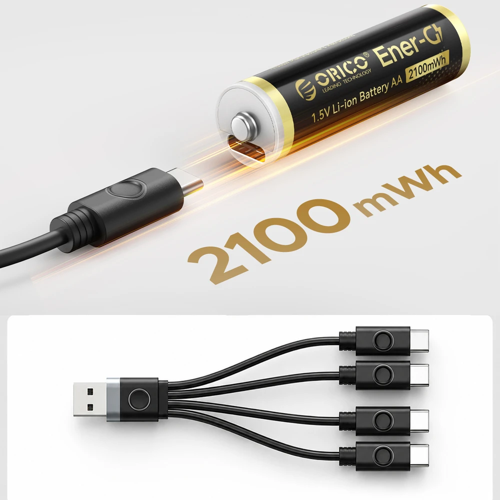 Orico Ener-G EG5C ličio baterija 1.5V 2100mWh AA USB-C įkraunamos baterijos su įkrovimo laidu 4 vnt.