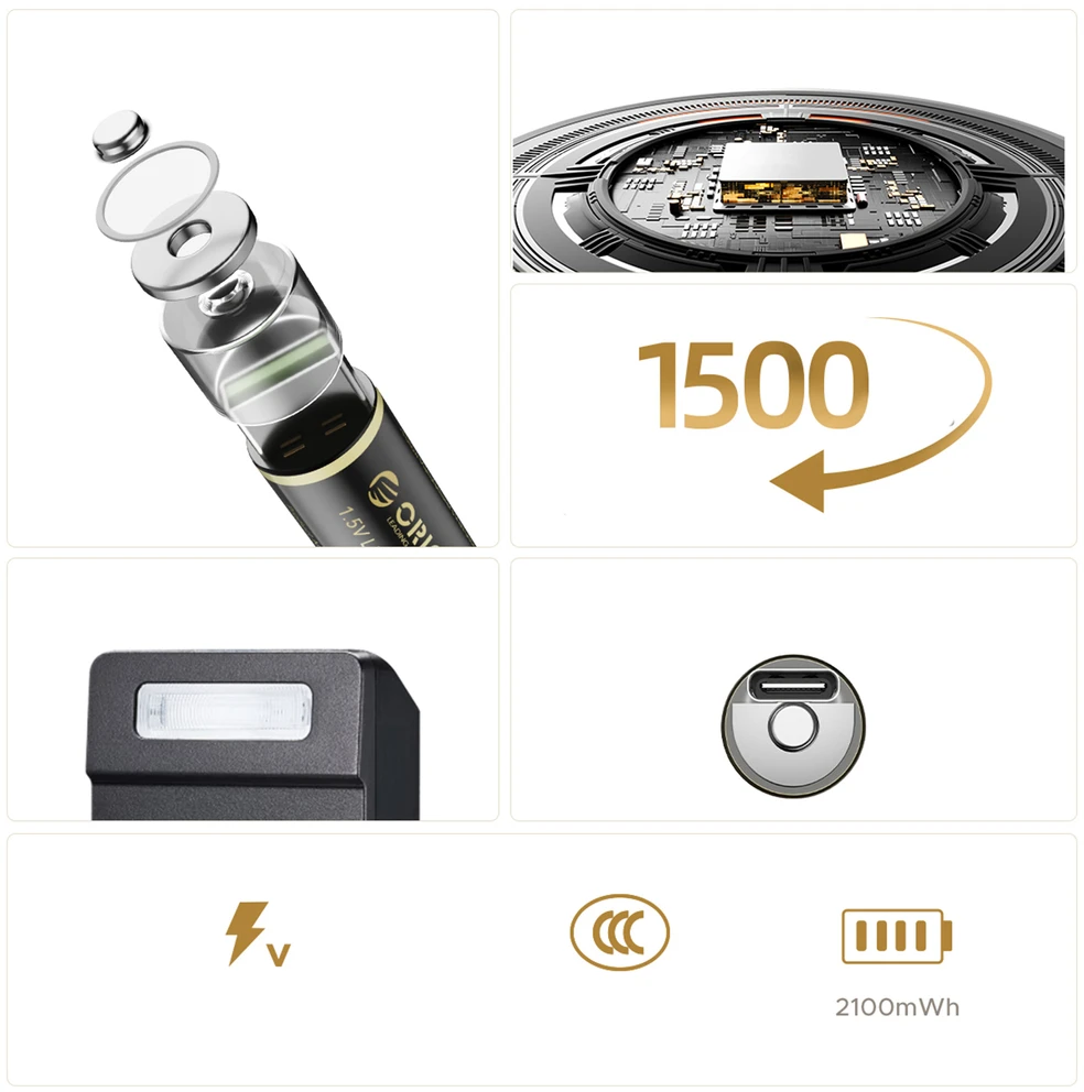 Orico Ener-G EG5C ličio baterija 1.5V 2100mWh AA USB-C įkraunamos baterijos su įkrovimo laidu 4 vnt.