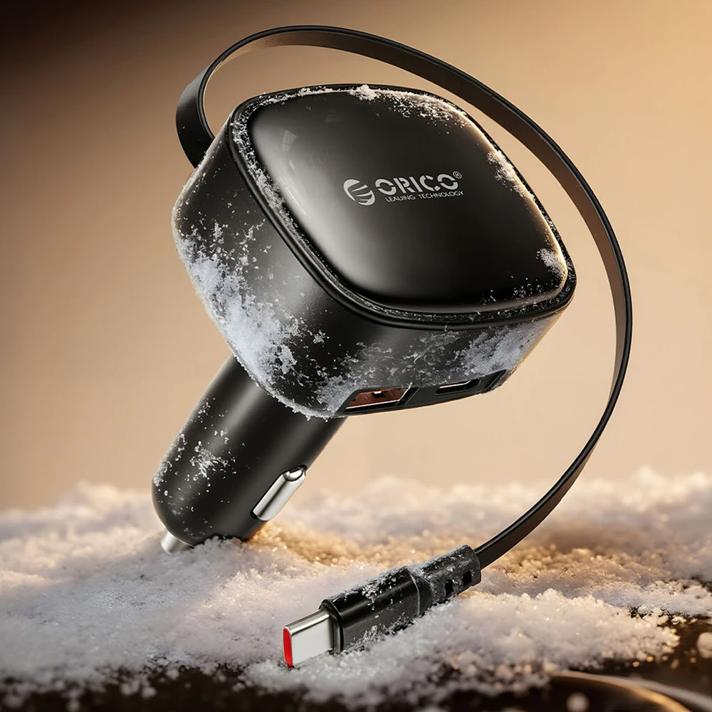 Orico FC-66-1A2C 66W automobilinis įkroviklis su integruotu ištraukiamu USB-C laidu - Juodas