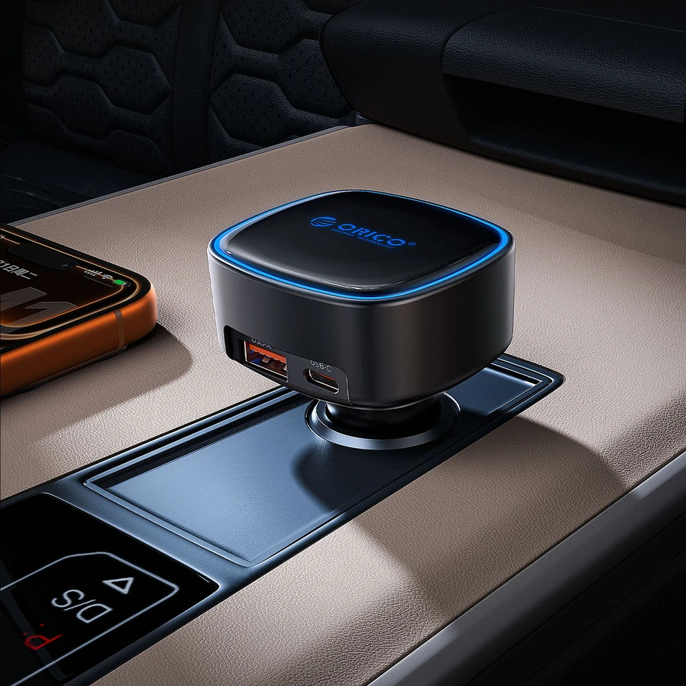Orico FC-66-1A2C 66W automobilinis įkroviklis su integruotu ištraukiamu USB-C laidu - Juodas