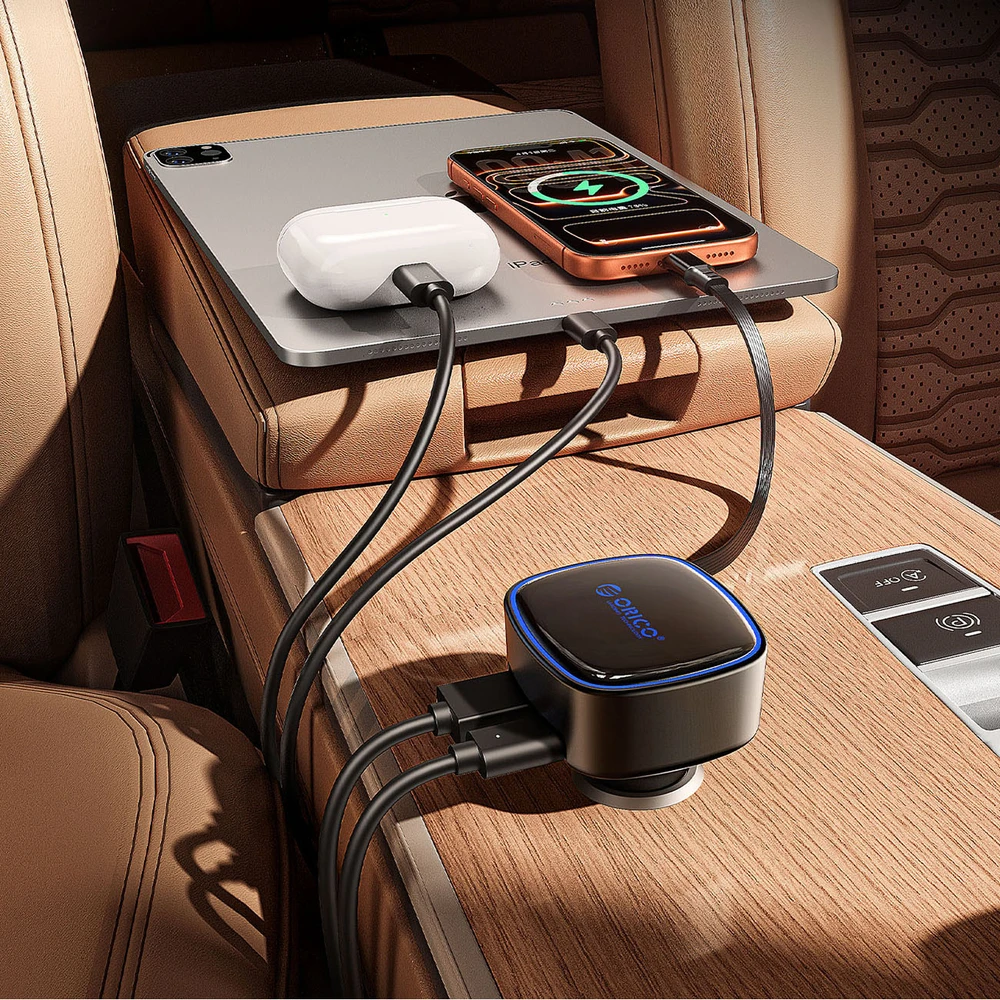 Orico FC-66-1A2C 66W automobilinis įkroviklis su integruotu ištraukiamu USB-C laidu - Juodas