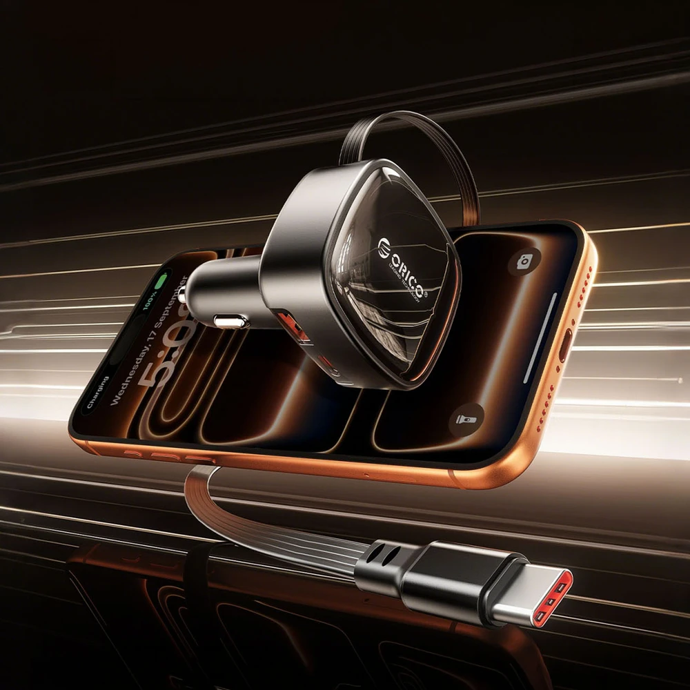 Orico FC-66-1A2C 66W automobilinis įkroviklis su integruotu ištraukiamu USB-C laidu - Juodas