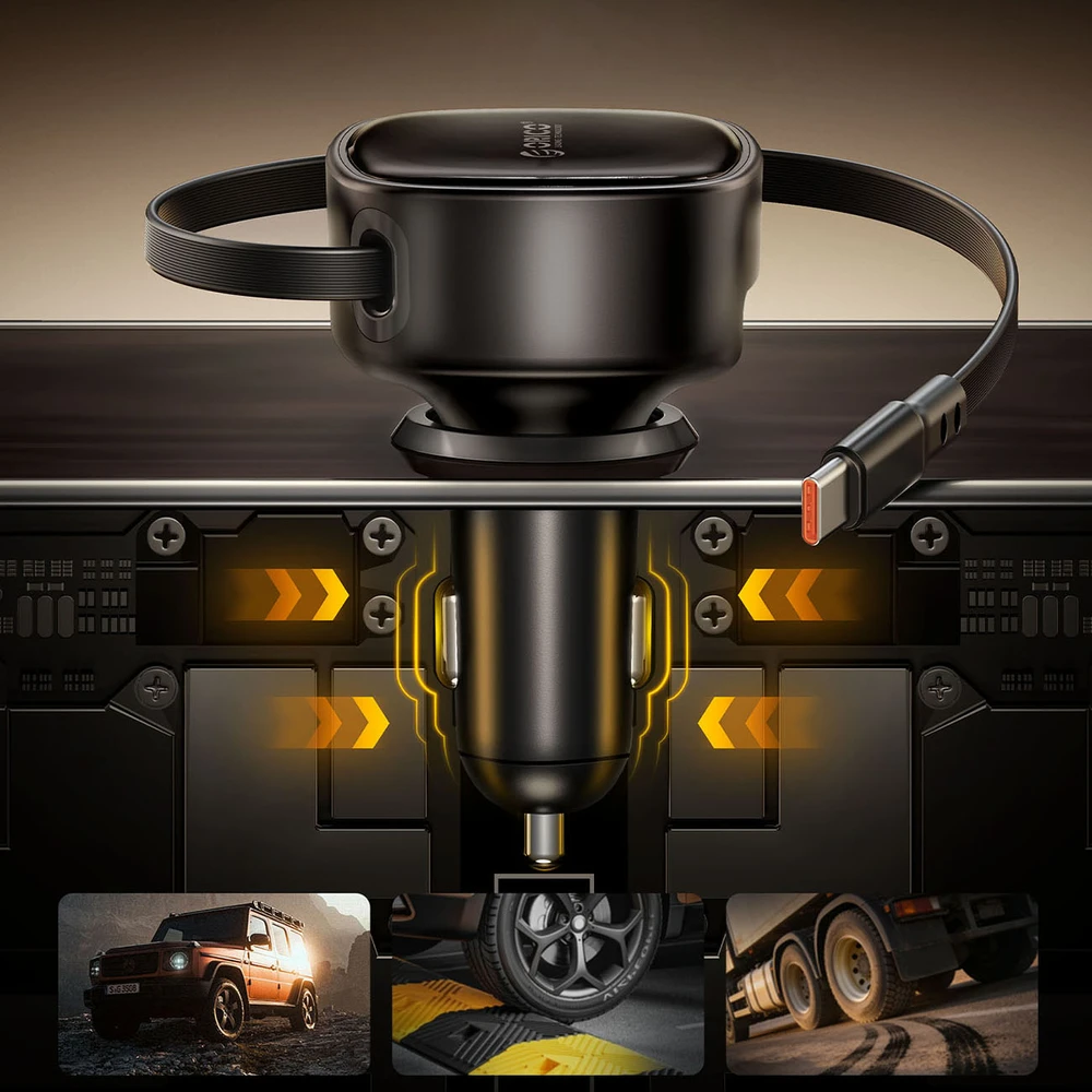Orico FC-66-1A2C 66W automobilinis įkroviklis su integruotu ištraukiamu USB-C laidu - Juodas