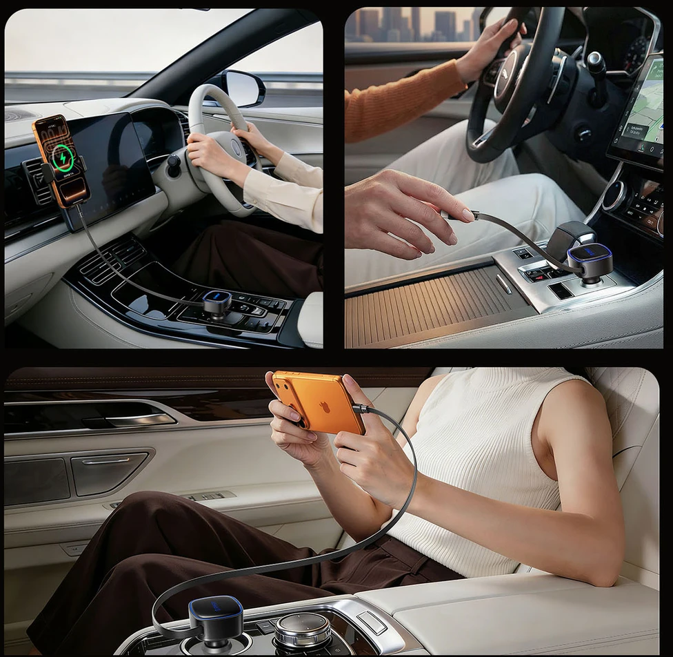 Orico FC-66-1A2C 66W automobilinis įkroviklis su integruotu ištraukiamu USB-C laidu - Juodas