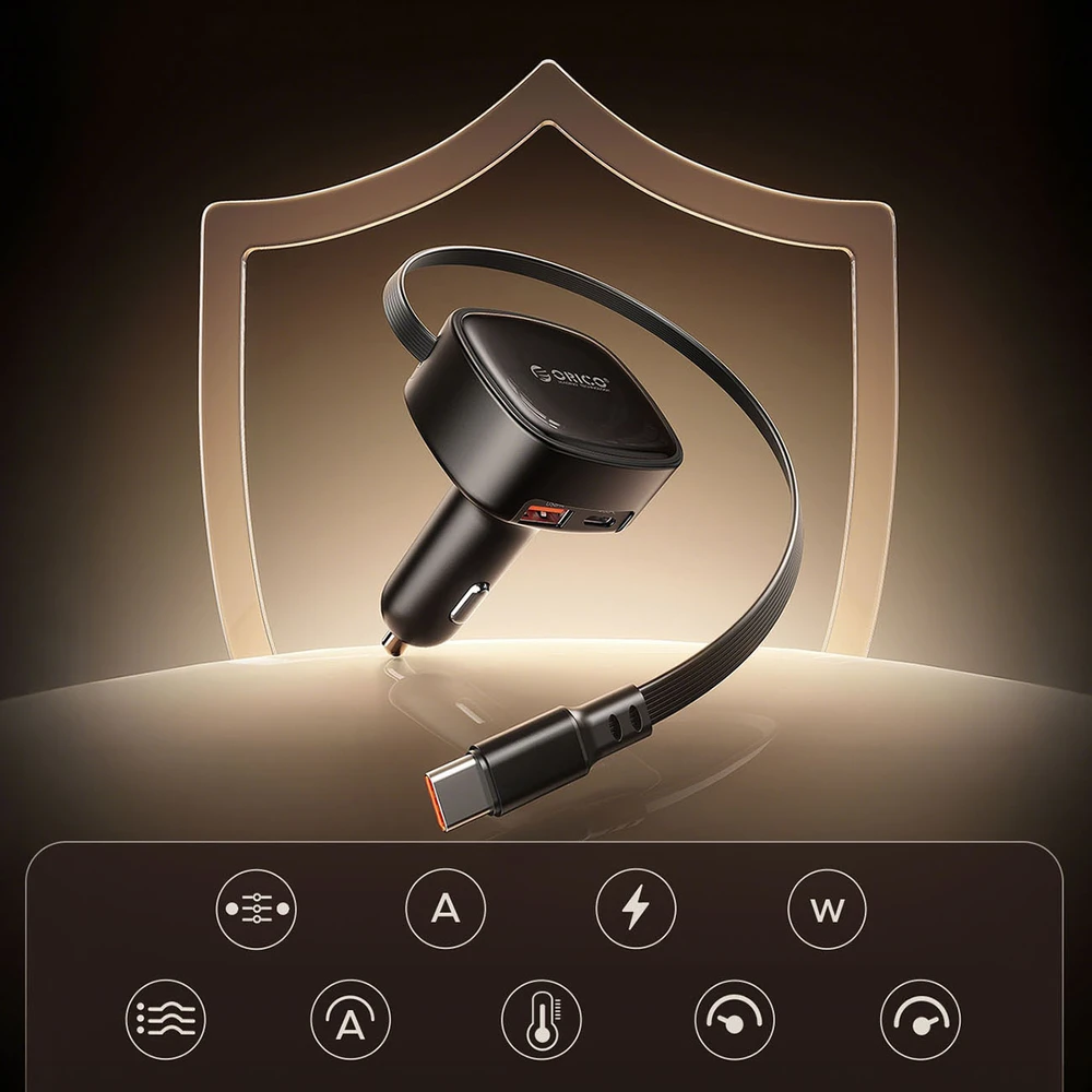 Orico FC-66-1A2C 66W automobilinis įkroviklis su integruotu ištraukiamu USB-C laidu - Juodas