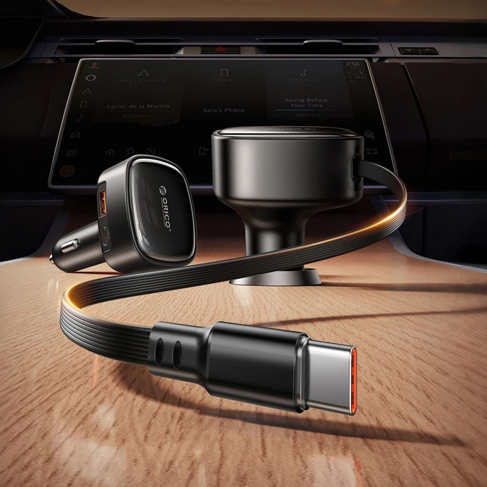 Orico FC-66-1A2C 66W automobilinis įkroviklis su integruotu ištraukiamu USB-C laidu - Juodas