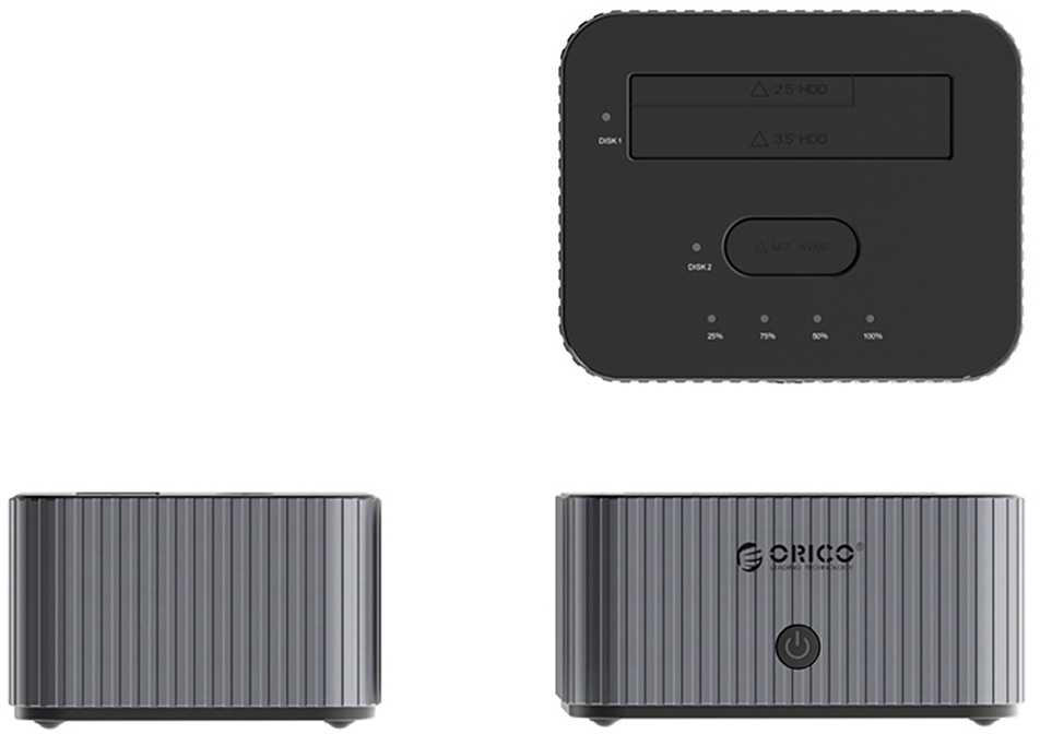 „Orico IT28E-C“ 2 diskų prijungimo stotelė su M.2 NVME 2,5 colio / 3,5 colio HDD / 2,5 colio SSD klonavimo funkcija – pilkos spalvos