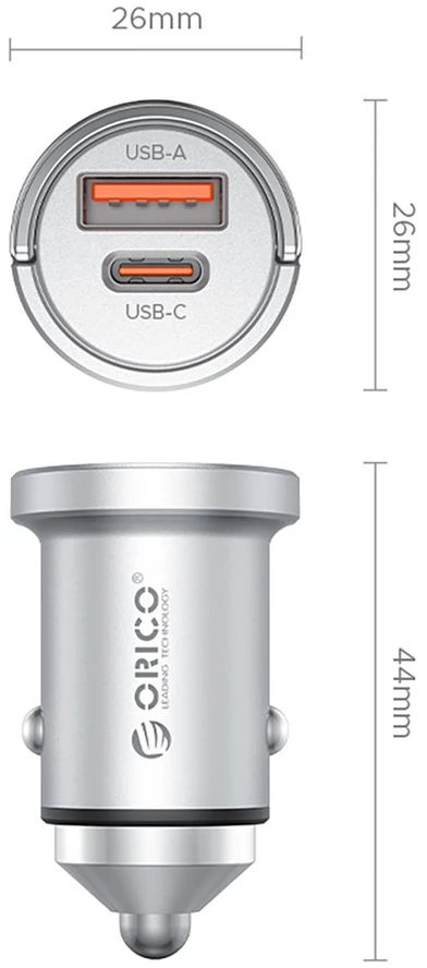 Orico MiniRing Pro 45W USB-A + USB-C Car Charger - Sidabrinis