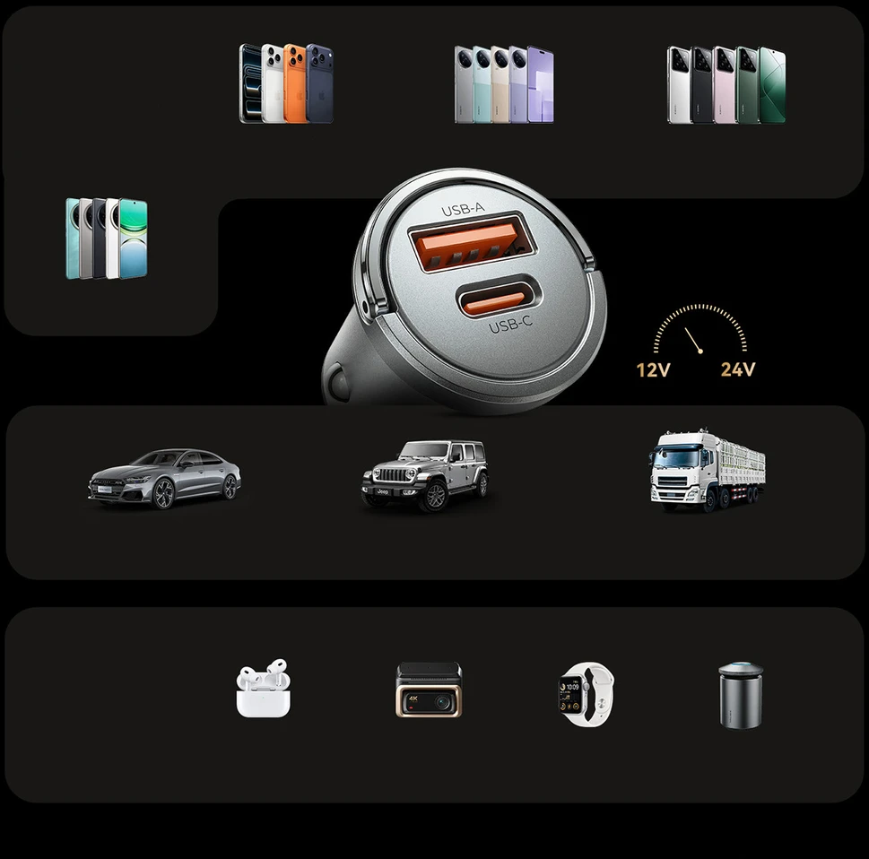 Orico MiniRing Pro 45W USB-A + USB-C Car Charger - Sidabrinis