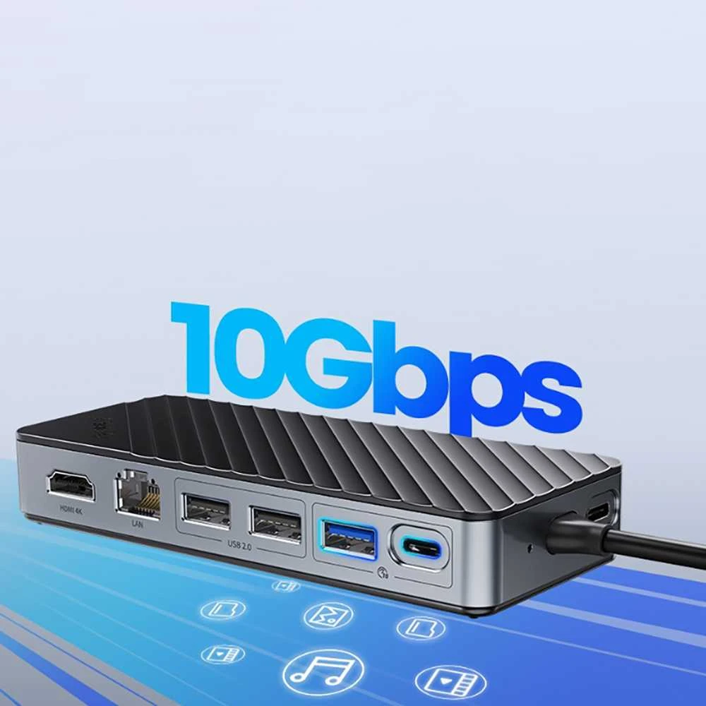 Orico OM28PR-G2 USB-C prijungimo stotelė su M.2 disko lizdu + 1 x USB-A 3.2 + 1x USB-C 3.2 + 2x USB-A 2.0 + 1x HDMI + 1x Ethernet – juodos spalvos