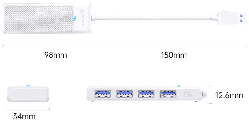 Orico PAPW4A-U3 USB Hub 4-port 4x USB-A 3.0 0.15 m - baltas