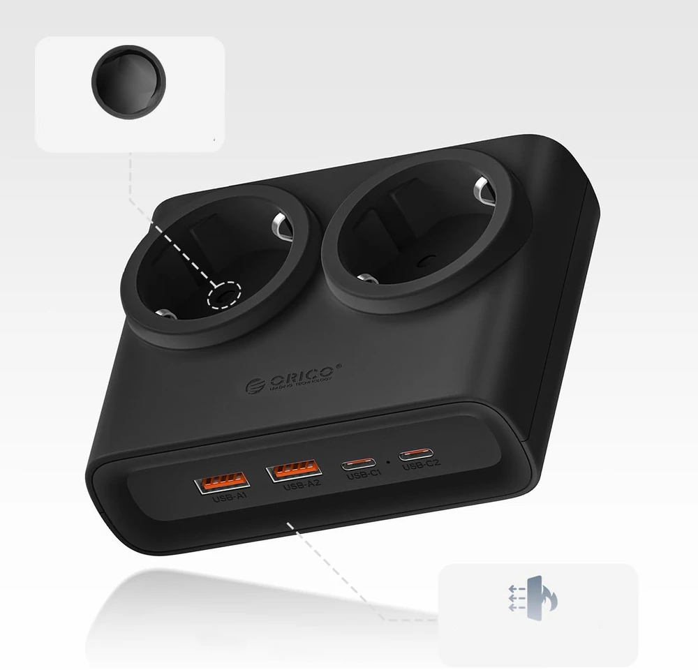 Orico PDC25 25W 6in1 maitinimo blokas 2x AC + 2x USB-A + 2x USB-C - Juodas
