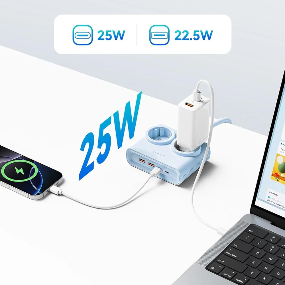 Orico PDC25 25W 6in1 maitinimo blokas 2x AC + 2x USB-A + 2x USB-C - Mėlyna