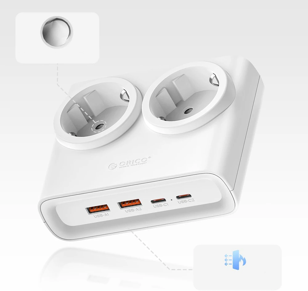 Orico PDC25 25W 6in1 maitinimo blokas 2x AC + 2x USB-A + 2x USB-C - Baltas