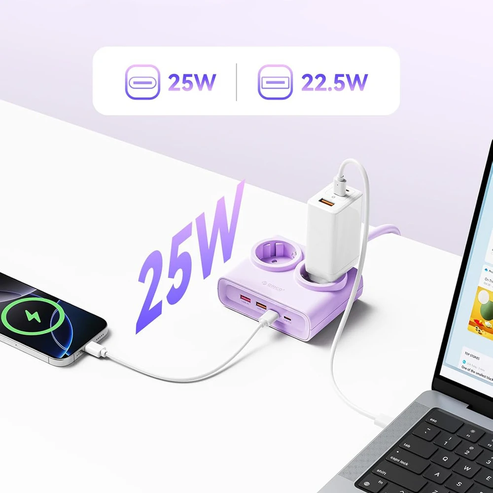Orico PDC25 25W 6in1 maitinimo blokas 2x AC + 2x USB-A + 2x USB-C - Violetinė