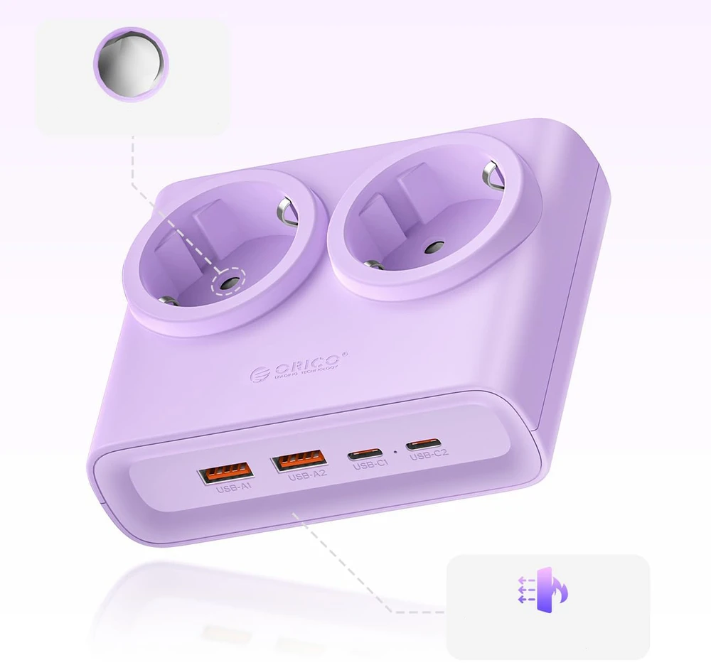 Orico PDC25 25W 6in1 maitinimo blokas 2x AC + 2x USB-A + 2x USB-C - Violetinė