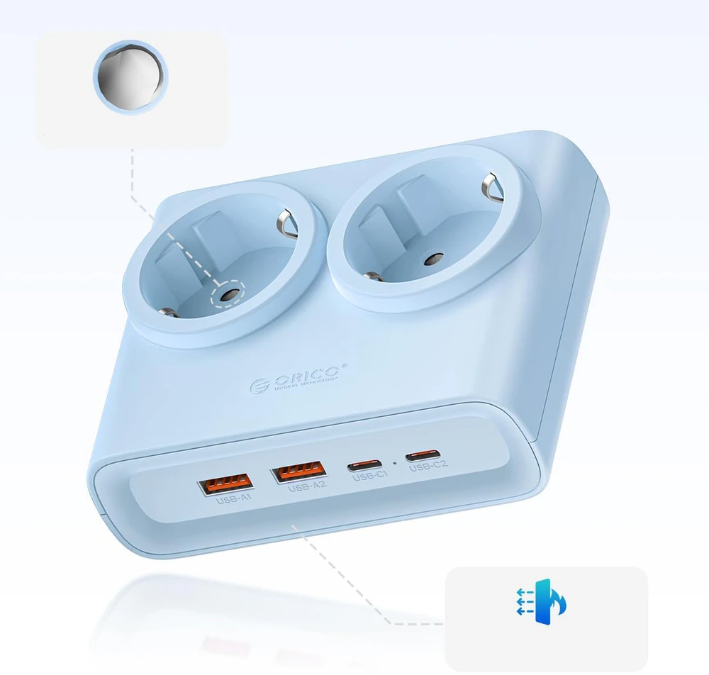 Orico PDC25 25W 6in1 maitinimo blokas 2x AC + 2x USB-A + 2x USB-C - Mėlyna