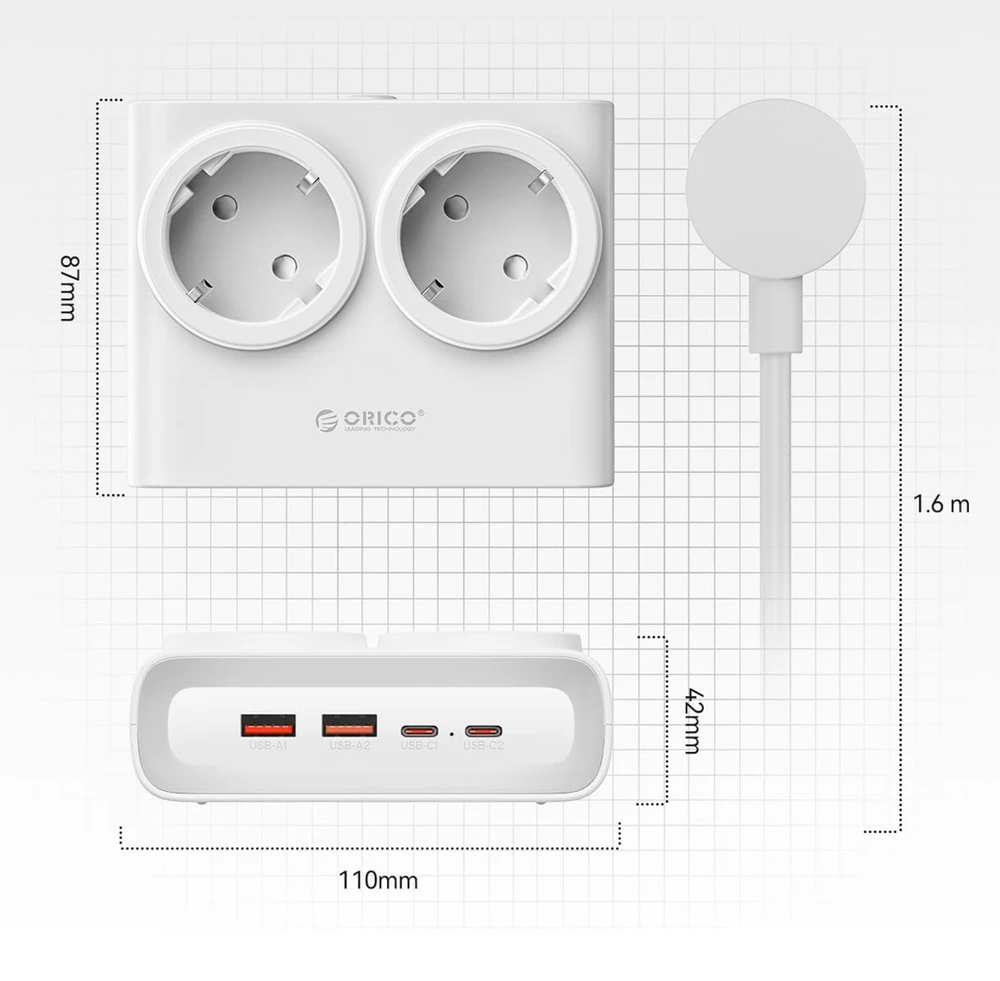 Orico PDC25 25W 6in1 maitinimo blokas 2x AC + 2x USB-A + 2x USB-C - Baltas