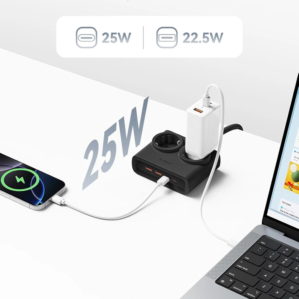 Orico PDC25 25W 6in1 maitinimo blokas 2x AC + 2x USB-A + 2x USB-C - Juodas