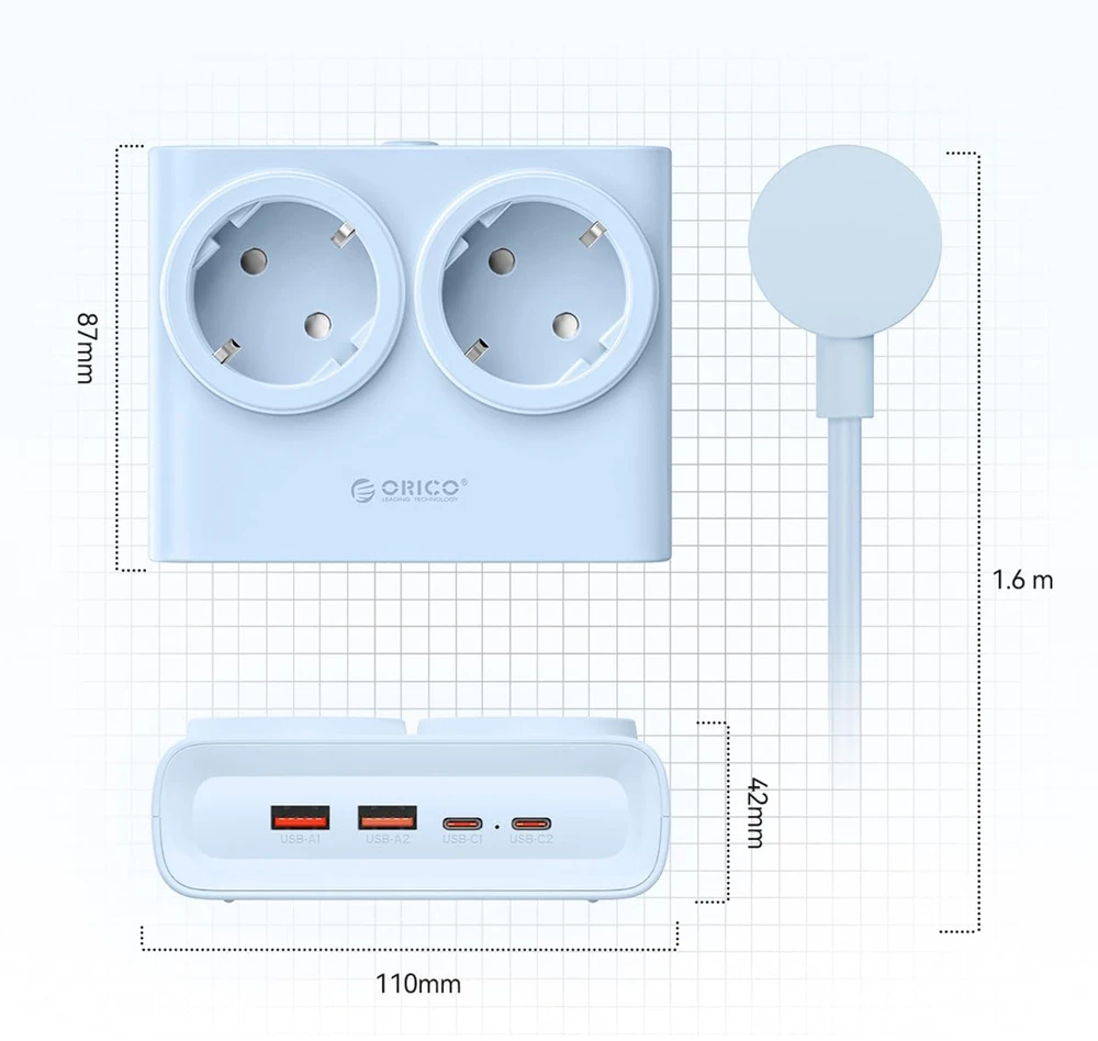 Orico PDC25 25W 6in1 maitinimo blokas 2x AC + 2x USB-A + 2x USB-C - Mėlyna