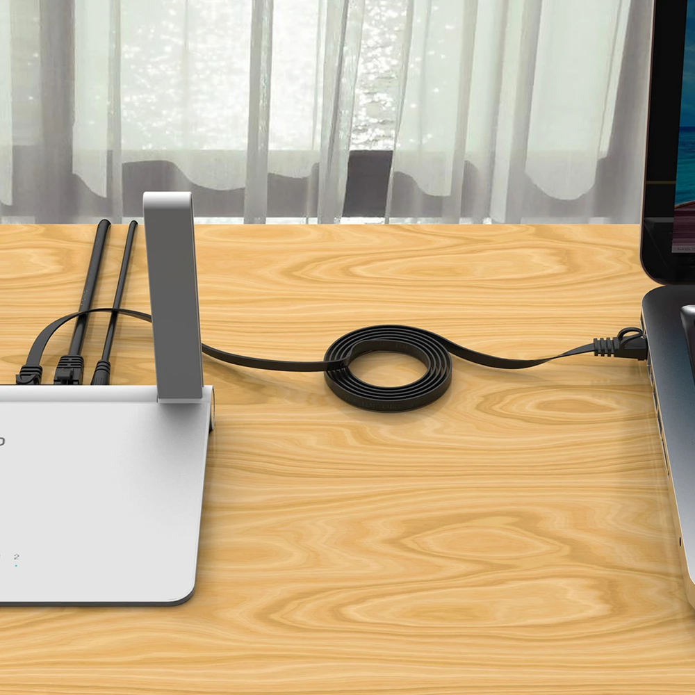 Ethernet tinklo kabelis Orico PUG-C7B CAT7 10Gbps RJ45 interneto LAN plokščias 20 m – juodos spalvos