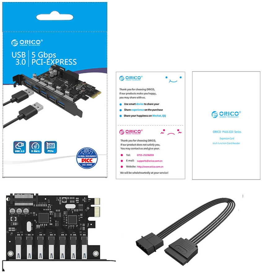 „Orico PVU3 PCI-E 7x USB 3.0“ išplėtimo plokštė stacionariam kompiuteriui - juoda