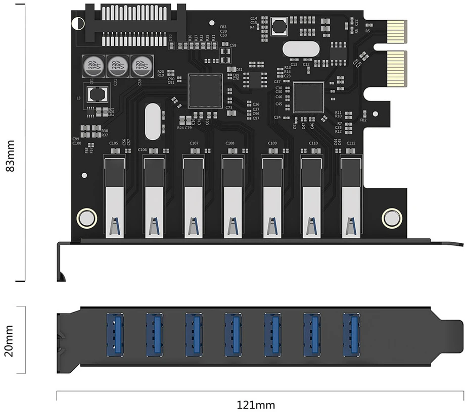 „Orico PVU3 PCI-E 7x USB 3.0“ išplėtimo plokštė stacionariam kompiuteriui - juoda