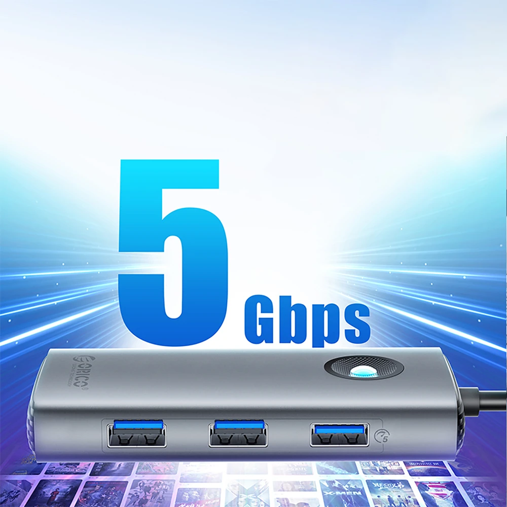 Orico PW11-5P USB-C šakotuvo prijungimo stotis 1x USB-A 3.0 + 2x USB-A 2.0 + 1x USB-C PD + 1x HDMI - pilka