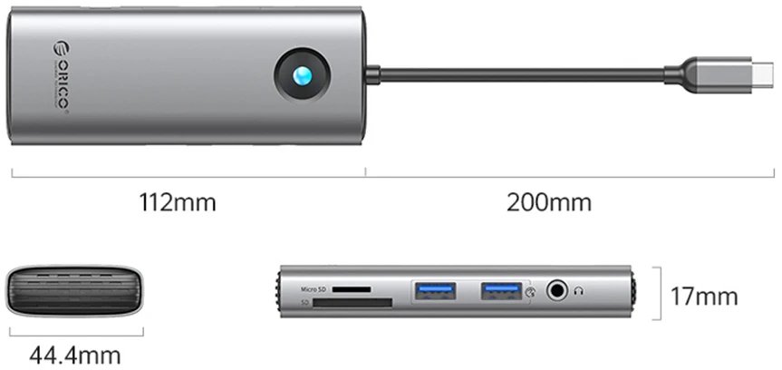 „Orico“ USB-C 8w1 | 2x USB-A 3.0 | 1x USB-C PD 100W | 1x HDMI 4K 60Hz | 1x „Micro SD/SD“ | 1x RJ45 gigabito eterneto | 1x garso 3,5 mm jungtis – pilka