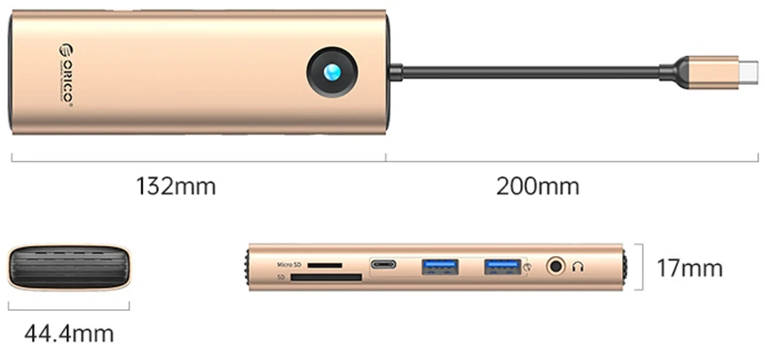 Orico USB-C 9w1 | 2x USB-A 3.0 | 1x USB-C 3.0 | 1x USB-C PD 100W | 1x HDMI 4K 60Hz | 1x Micro SD/SD | 1x RJ45 2.5G Ethernet | 1x Audio 3,5 mm - rožinė-auksinė