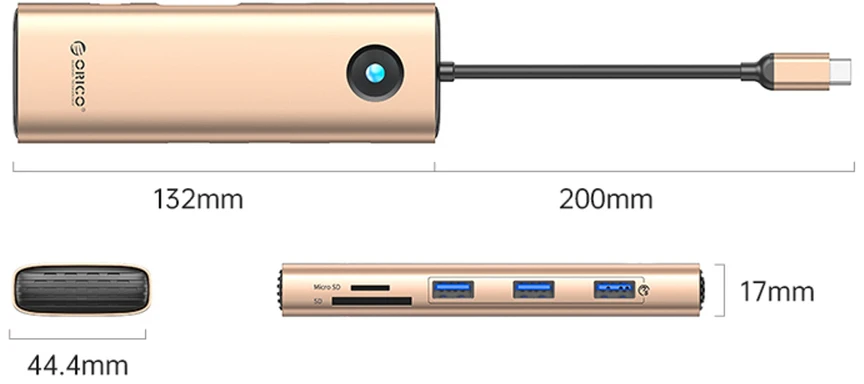 Orico USB-C 9w1 | 3x USB-A 3.0 | 1x USB-C PD 100W | 1x HDMI 4K 60Hz | 1x VGA 1080P 60Hz | 1x Micro SD/SD | 1x RJ45 Gigabit Ethernet - rožinė-auksinė