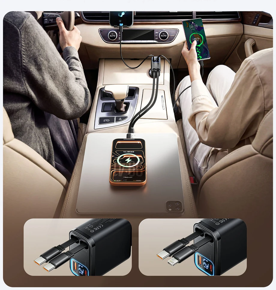 „Orico Twin Reach 45W“ USB-A + USB-C automobilinis įkroviklis su dviem ištraukiamais USB-C laidais – Juodas