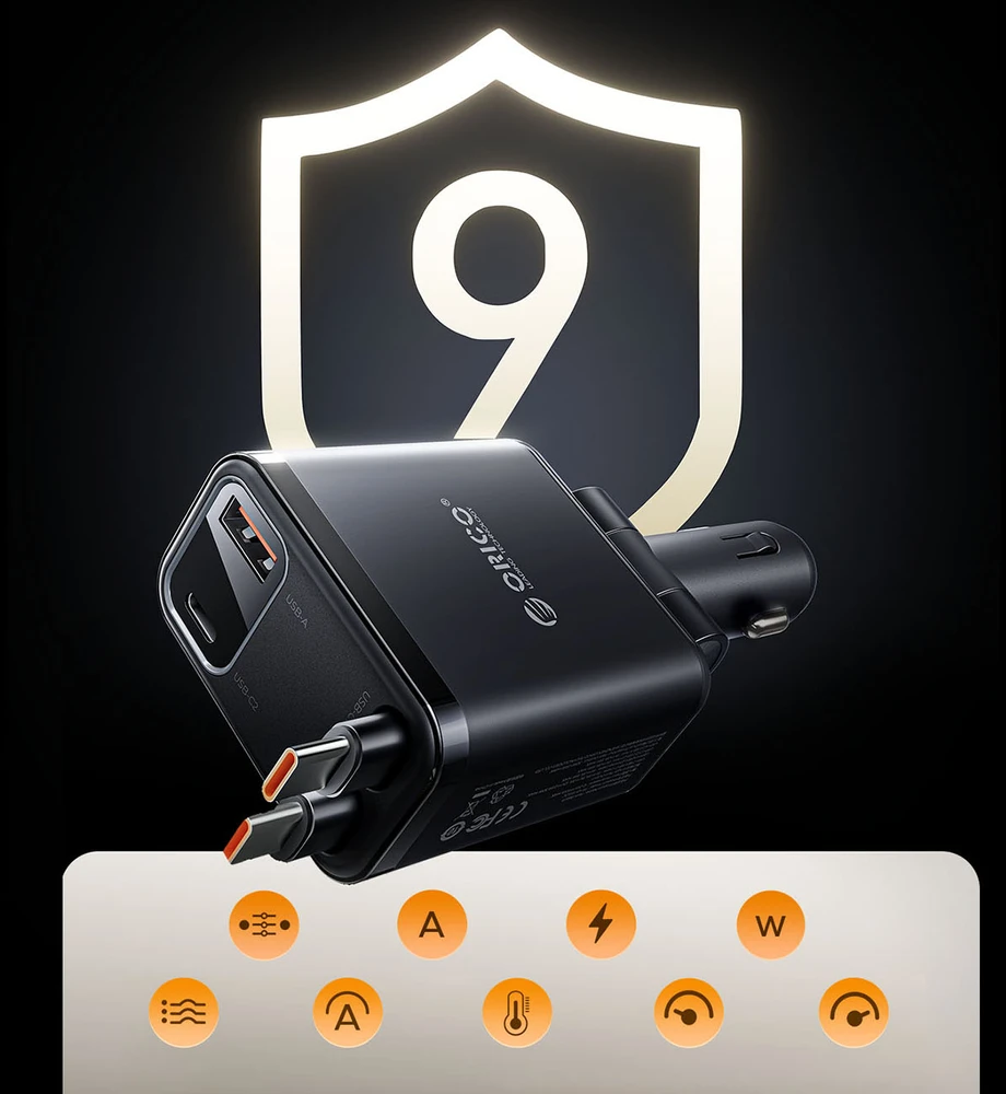 „Orico Twin Reach 45W“ USB-A + USB-C automobilinis įkroviklis su dviem ištraukiamais USB-C laidais – Juodas
