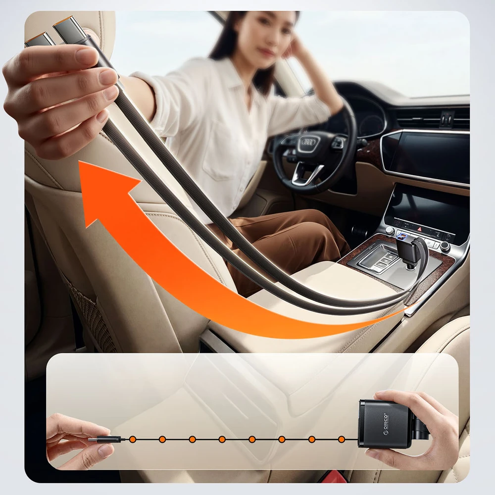 „Orico Twin Reach 45W“ USB-A + USB-C automobilinis įkroviklis su dviem ištraukiamais USB-C laidais – Juodas