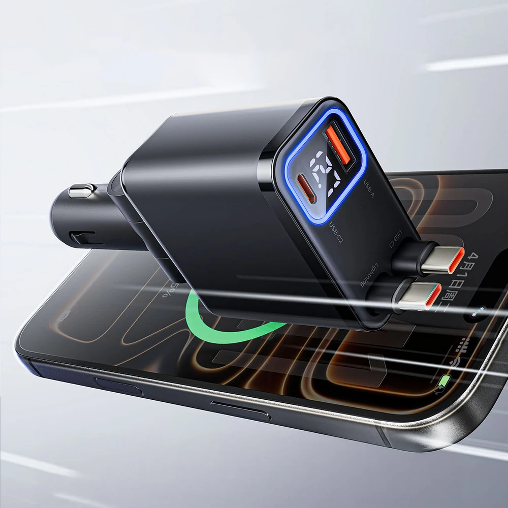 „Orico Twin Reach 45W“ USB-A + USB-C automobilinis įkroviklis su dviem ištraukiamais USB-C laidais – Juodas