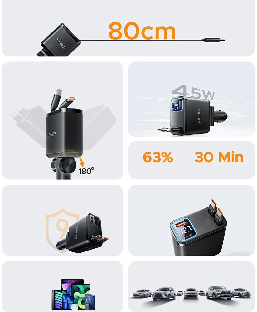 „Orico Twin Reach 45W“ USB-A + USB-C automobilinis įkroviklis su dviem ištraukiamais USB-C laidais – Juodas