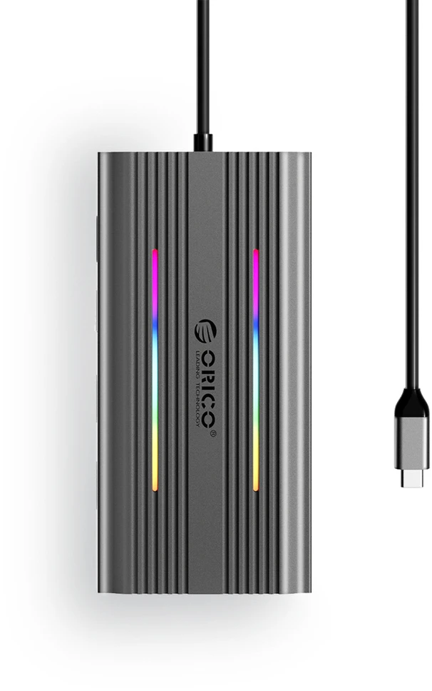 „Orico“ USB-C 12w1 RGB | 3x USB-A | USB-C PD 100W | HDMI 4K | VGA | RJ45 Gigabit - pilka