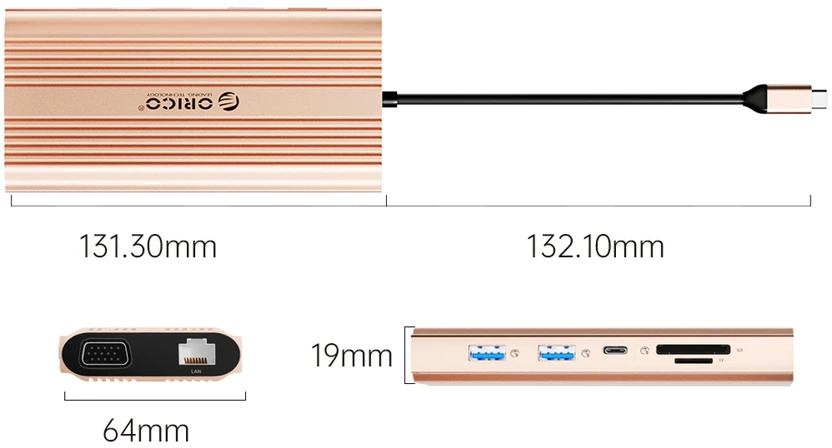 Orico USB-C 12w1 | USB-A | USB-C PD 100W | HDMI 4K | VGA | RJ45 Gigabit - rožinė-auksinė