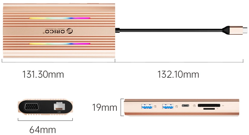 Orico USB-C 12w1 RGB | 2xUSB-A | 1xUSB-C PD 100W | 2x HDMI 4K 60Hz | 1xVGA | 1xRJ45 Gigabit - rožinė-auksinė