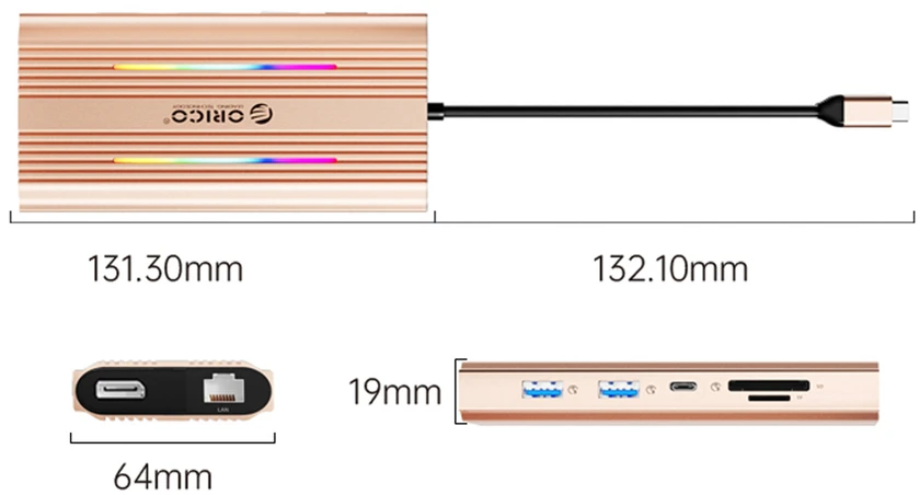 Orico USB-C 12w1 RGB | USB-A | USB-C PD 100W | 2x HDMI 4K 60 Hz | DisplayPort 4K 60 Hz | RJ45 Gigabit - rožinė-auksinė