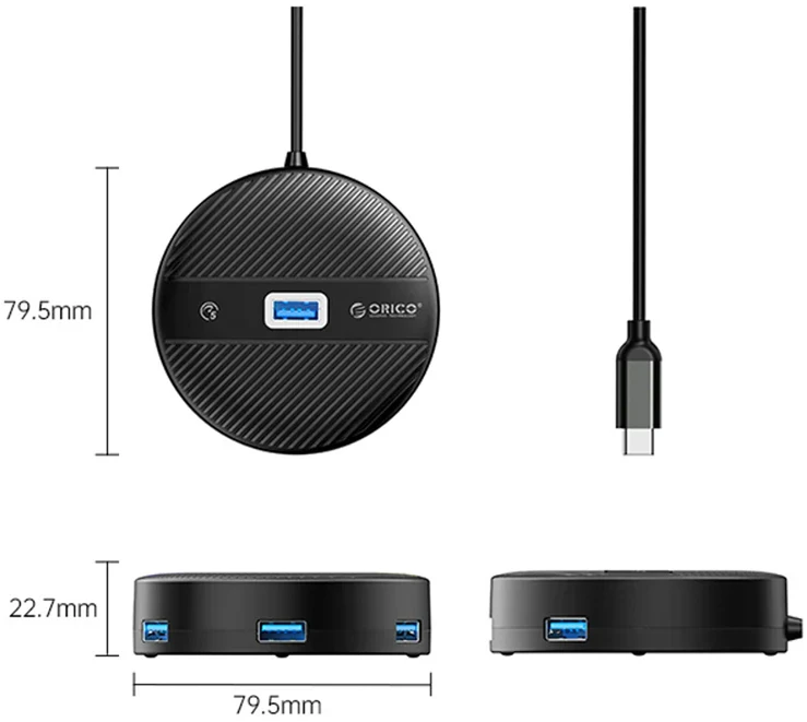 ORICO YS1-C2 4-port USB hub 1x USB-A 3.0 3x USB-A 2.0 0.3 m - juodas