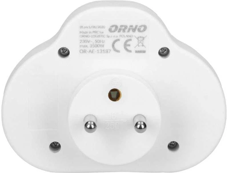 Orno elektros skirstytuvas su 2 apvaliais lizdais ir centriniu jungikliu, baltas (OR-AE-13187)