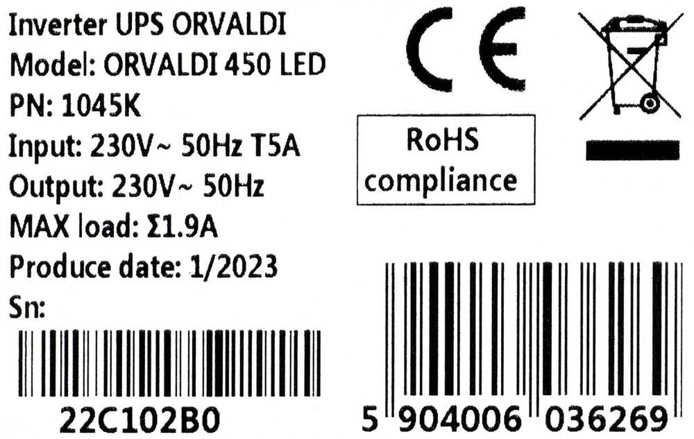 ORVALDI 450 LED 450VA / 240W 2 lizdai Schuko LED bat 5 min.