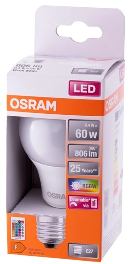 Osram LED Star+ Classic A RGBW FR 60 reguliuojama 9W/827 E27 lemputė su nuotolinio valdymo pultu | 9 W | RGBW