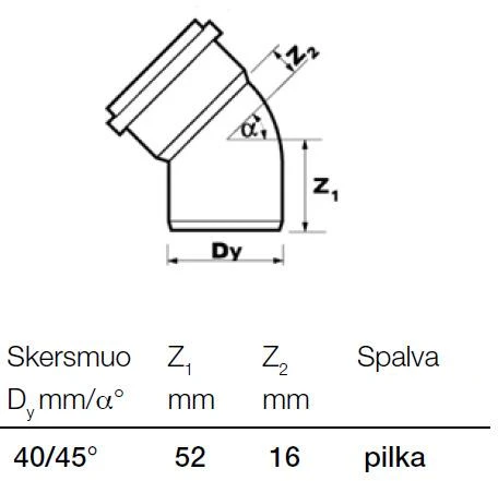 Vidaus kanalizacijos alkūnė Wavin, Ø 40 mm, 45°