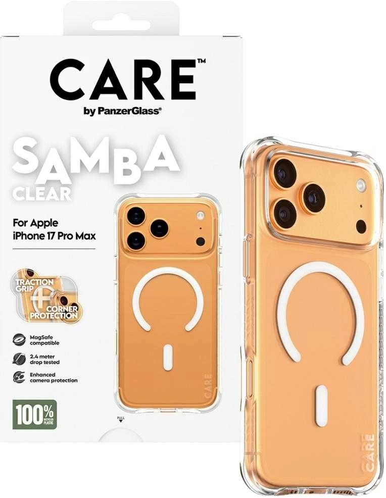 „Panzer Glass CARE by PanzerGlass“ madingas „Samba“ su baltu „MagSafe iPhone 17 Pro Max“ apsauginiu stikliuku